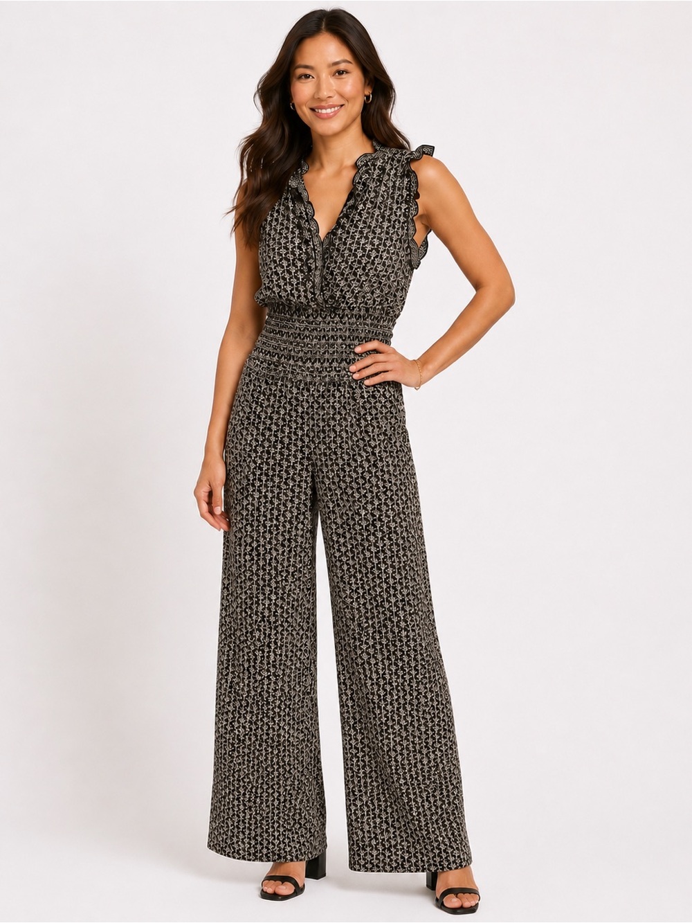 MAX STUDIO Black White Geometric Print Smocked Wide Leg Jumpsuit Size Large NWT